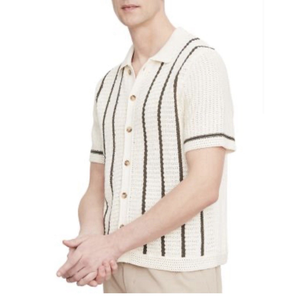 Vince Cotton Cream/ Brown Crochet Stripe Short Sleeve Button Up Shirt Men's L‎